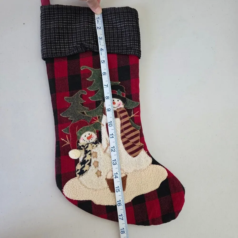 Plaid Christmas Stockings Set of 2 Snowman Applique Faux Fur Rustic Farmhouse